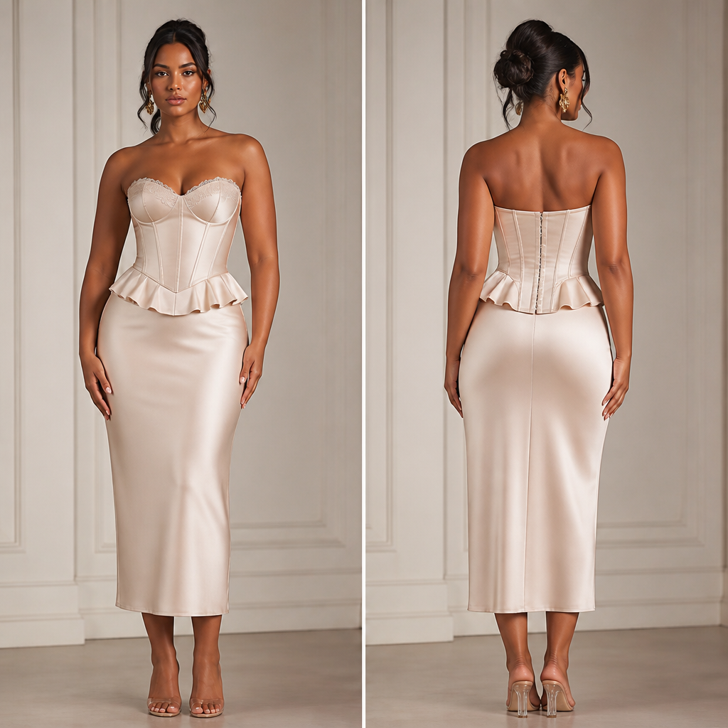 A Female Dress design, made of Satin, with a rich, textured surface, with a Bodycon silhouette, with modest, full coverage: longer hemlines, higher necklines and covered shoulders, for Date Night, suitable for Summer, in Elegant style, shown on a model with brown skin and a curvy figure. *1. Satin Sweetheart Corset*
- *Cut*: Cropped, hits just above the waist
- *Details*: Sweetheart neckline, boned bodice, and a small peplum hem
- *Fabric*: Champagne or black duchess satin with subtle lace trim
- *Vibe*: Soft and romantic. Pairs perfectly with a high-waisted midi skirt or tailored trousers. JM fashion aesthetics. Present it as professional fashion catalogue photography: the garment is the subject, shown full-length with editorial styling, neutral posing and tasteful, non-suggestive framing.
photorealistic fashion design, A Female Dress design, made of Satin, with a rich, textured surface, with a Bodycon silhouette, with modest, full coverage: longer hemlines, higher necklines and covered shoulders, for Date Night, suitable for Summer, in Elegant style, shown on a model with brown skin and a curvy figure. *1. Satin Sweetheart Corset*
- *Cut*: Cropped, hits just above the waist
- *Details*: Sweetheart neckline, boned bodice, and a small peplum hem
- *Fabric*: Champagne or black duchess satin with subtle lace trim
- *Vibe*: Soft and romantic. Pairs perfectly with a high-waisted midi skirt or tailored trousers. JM fashion aesthetics. Present it as professional fashion catalogue photography: the garment is the subject, shown full-length with editorial styling, neutral posing and tasteful, non-suggestive framing., elegant style, just the design no text, show front and back