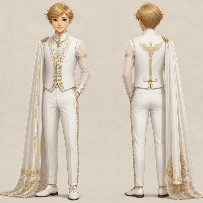 A Male fashion design. vestito bianco. Egypt fashion aesthetics.
using the attached image as a visual reference and sketch, create this: photorealistic fashion design, A Male fashion design. vestito bianco. Egypt fashion aesthetics., just the design no text