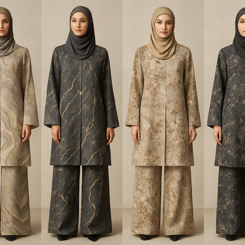 Create a modest abaya and loose pant, first of its kind, featuring a unique stone design that exudes a classy and sophisticated vibe. I'd like four designs, each showcasing different styles and fabrics. Incorporate high-end, unique chic stone designs to make them truly special. Add little sophisticated stone designs. Make it irresistible with designs that stands out.