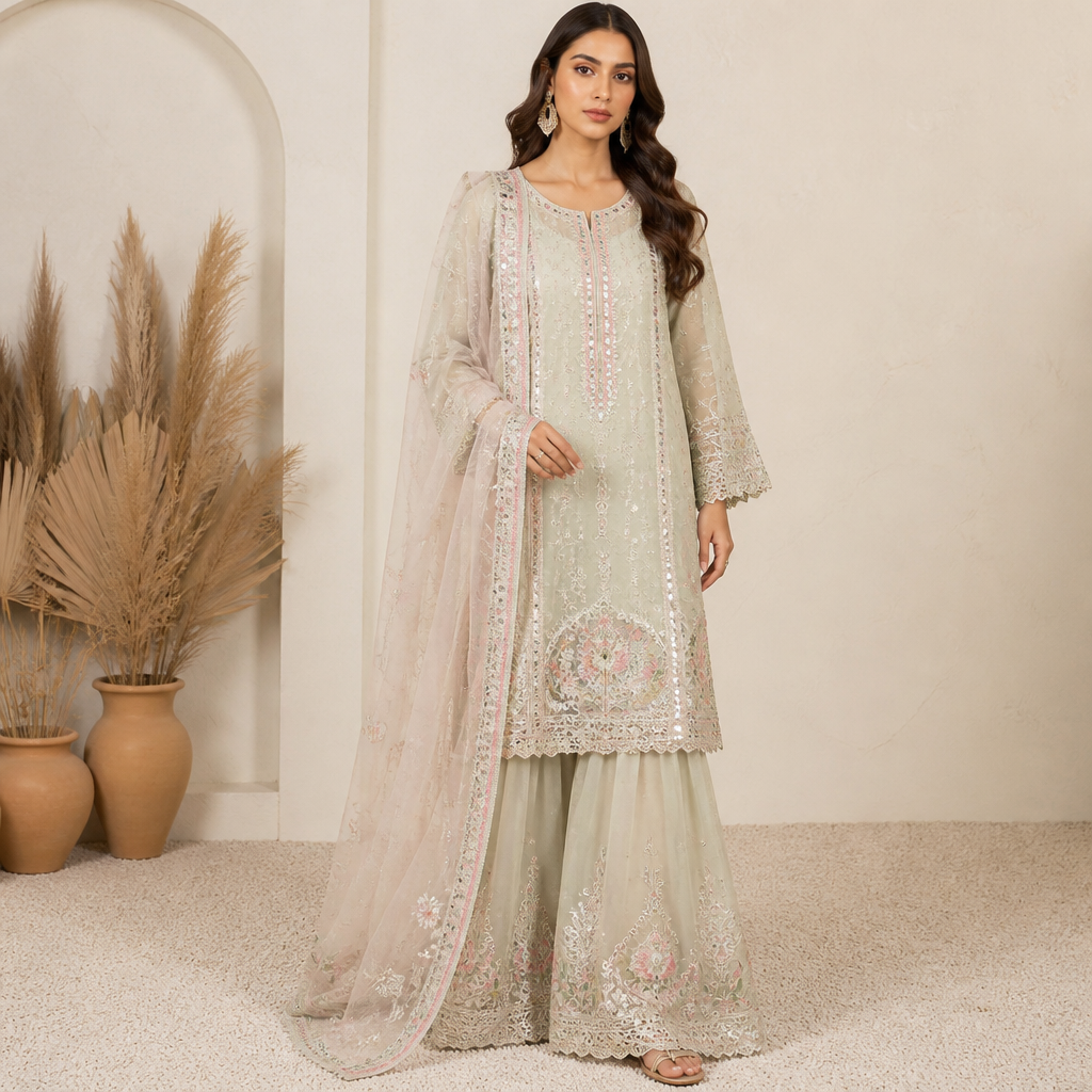 A Female Dress design, suitable for Summer. Consider Pakistani fashion — shalwar kameez, gharara, sharara; lawn fabrics, chiffon; intricate embroidery and mirror work. Current season is Summer in Pakistan.
photorealistic fashion design, A Female Dress design, suitable for Summer. Consider Pakistani fashion — shalwar kameez, gharara, sharara; lawn fabrics, chiffon; intricate embroidery and mirror work. Current season is Summer in Pakistan., just the design no text