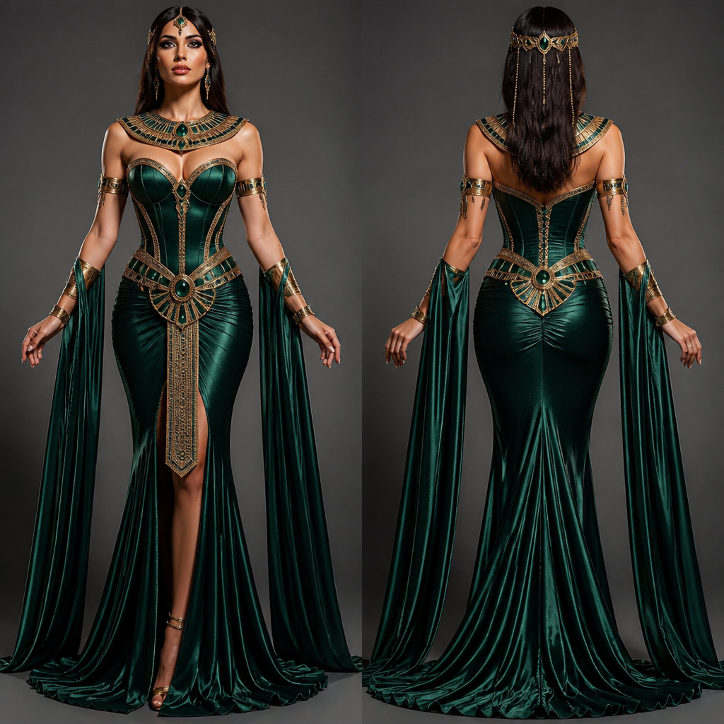 Emerald corset Egyptian dress
photorealistic fashion design, Emerald corset Egyptian dress
, just the design no text, show front and back