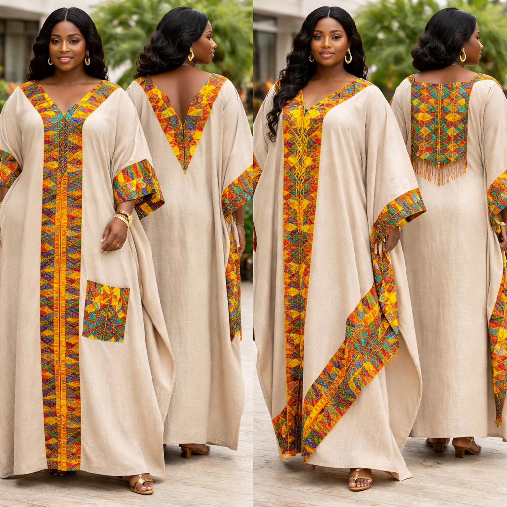 Plus size bubu gown collection with linen and kente
Plus size bubu gown collection with linen and kente, show front and back