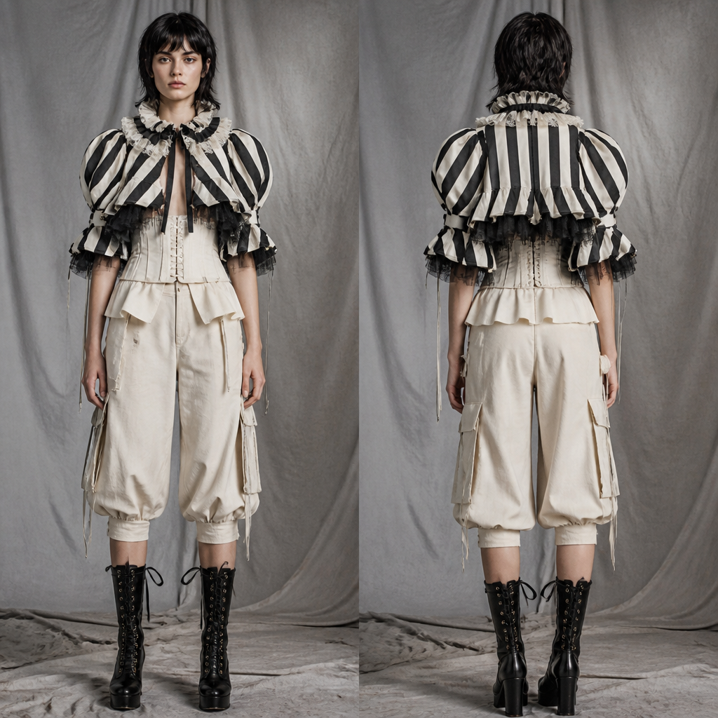 A Top design, with a Flared silhouette, in Handmade + Thrifted + Upcycled style. circus themed bolero type top piece with black and white stripes and ruffles Present it as professional fashion catalogue photography: the garment is the subject, shown full-length with editorial styling, neutral posing and tasteful, non-suggestive framing.
photorealistic fashion design, A Top design, with a Flared silhouette, in Handmade + Thrifted + Upcycled style. circus themed bolero type top piece with black and white stripes and ruffles Present it as professional fashion catalogue photography: the garment is the subject, shown full-length with editorial styling, neutral posing and tasteful, non-suggestive framing., handmade style, just the design no text, show front and back