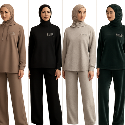 Create a revolutionary women's modest loose gym wear brand called "Modest Fleur". Display the brand name on the in a unique design on the upper right side, in small thick writing that exudes a classy and sophisticated vibe. I'd like four designs, each showcasing different styles and fabrics, with high-end, chic designs to make them truly special. Making it first design in the world 