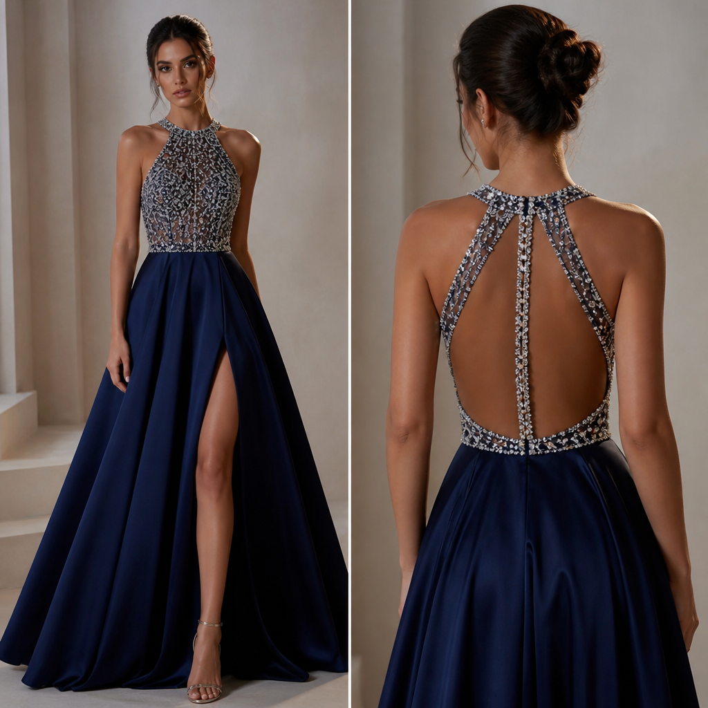A Female Dress design, for Formal, suitable for Summer, in Elegant + Formal + Glamorous style. a navy blue dress with a Crystal top, open back, a little puffy medium long skirt with a split. Romania fashion aesthetics.
photorealistic fashion design, A Female Dress design, for Formal, suitable for Summer, in Elegant + Formal + Glamorous style. a navy blue dress with a Crystal top, open back, a little puffy medium long skirt with a split. Romania fashion aesthetics., elegant style, just the design no text