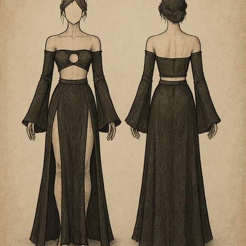 A two piece, the top covers the boobs and has a hoop in the middle with off the shoulder long sleeves covering the hands as they flare out at the ends, the skirt part flows down to the feet with hip slits