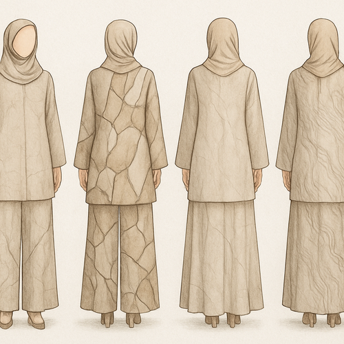 Create a modest two-piece linen abaya, the first of its kind, featuring a unique stone design that exudes a classy and sophisticated vibe. I'd like four designs, each showcasing different styles and fabrics. Incorporate high-end, unique chic stone designs to make them truly special. Add little sophisticated stone designs.