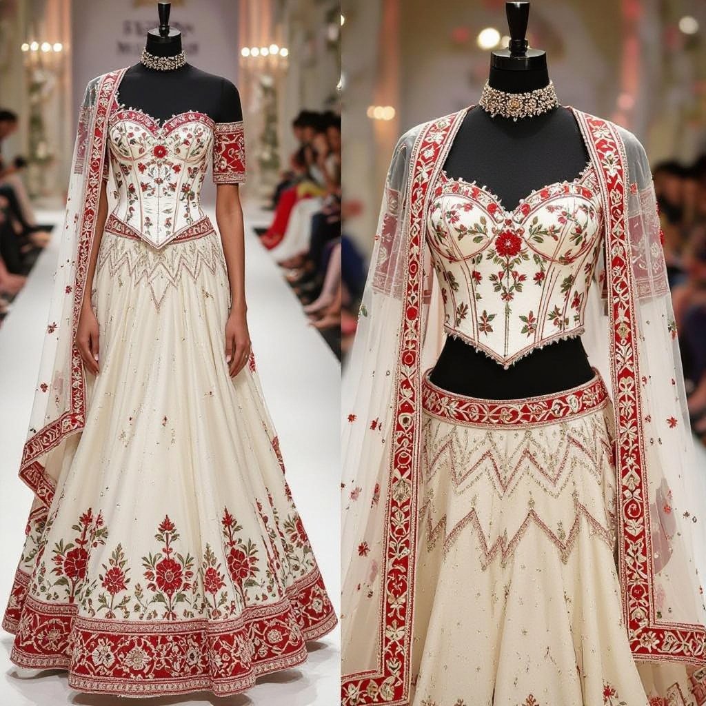 Hey I want you to create a white corset on top with red Danna work flowers and white and in bottom I want you to create a mermaid style white lahenga skirt with a choker dupatta with Davis work on it in red and cream color
White corset with red Danna work floral embroidery, paired with a white mermaid-style lehenga skirt. Complete the look with a choker dupatta featuring red and cream Davis work embroidery.