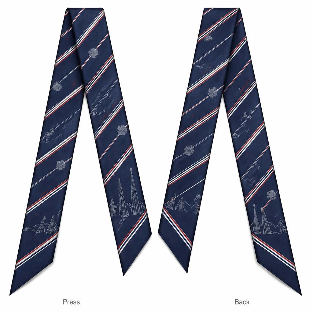 Design a silk twilly scarf, 5cm x 86cm, Kelly bag style wrap, inspired by J. Press preppy style. Base color deep navy blue. Diagonal thin white stripes, evenly spaced, with smaller thin red stripes alternating between the white stripes. Subtle, small abstract soccer balls in tonal light gray, evenly spaced along the scarf. Light, minimalist outlines of Kansas City skyline landmarks (Liberty Memorial tower, Kauffman Center arcs) in muted gray, repeated lightly along the scarf. Symmetrical, minimalist, elegant, classic preppy style, no logos or text, rolled hem edges. Clean, balanced, timeless design suitable for a handbag twilly wrap.
Design a silk twilly scarf, 5cm x 86cm, Kelly bag style wrap, inspired by J. Press preppy style. Base color deep navy blue. Diagonal thin white stripes, evenly spaced, with smaller thin red stripes alternating between the white stripes. Subtle, small abstract soccer balls in tonal light gray, evenly spaced along the scarf. Light, minimalist outlines of Kansas City skyline landmarks (Liberty Memorial tower, Kauffman Center arcs) in muted gray, repeated lightly along the scarf. Symmetrical, minimalist, elegant, classic preppy style, no logos or text, rolled hem edges. Clean, balanced, timeless design suitable for a handbag twilly wrap. , show front and back