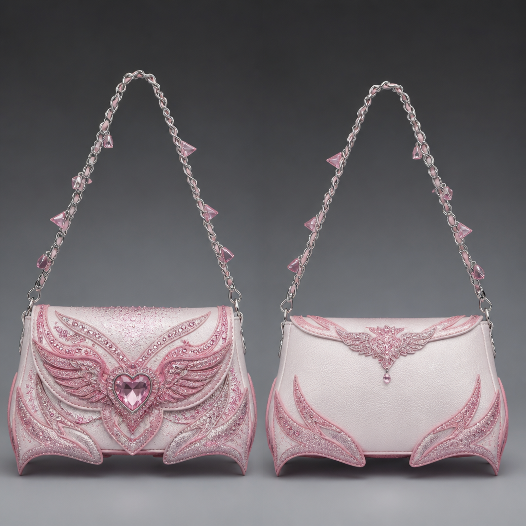 A cohesive and glamorous whitish-pinkish shoulder bag with a silver chain all adorned with another pinkish colors with pinkish glitters
photorealistic fashion design, A cohesive and glamorous whitish-pinkish shoulder bag with a silver chain all adorned with another pinkish colors with pinkish glitters , edgy style, just the design no text, show front and back