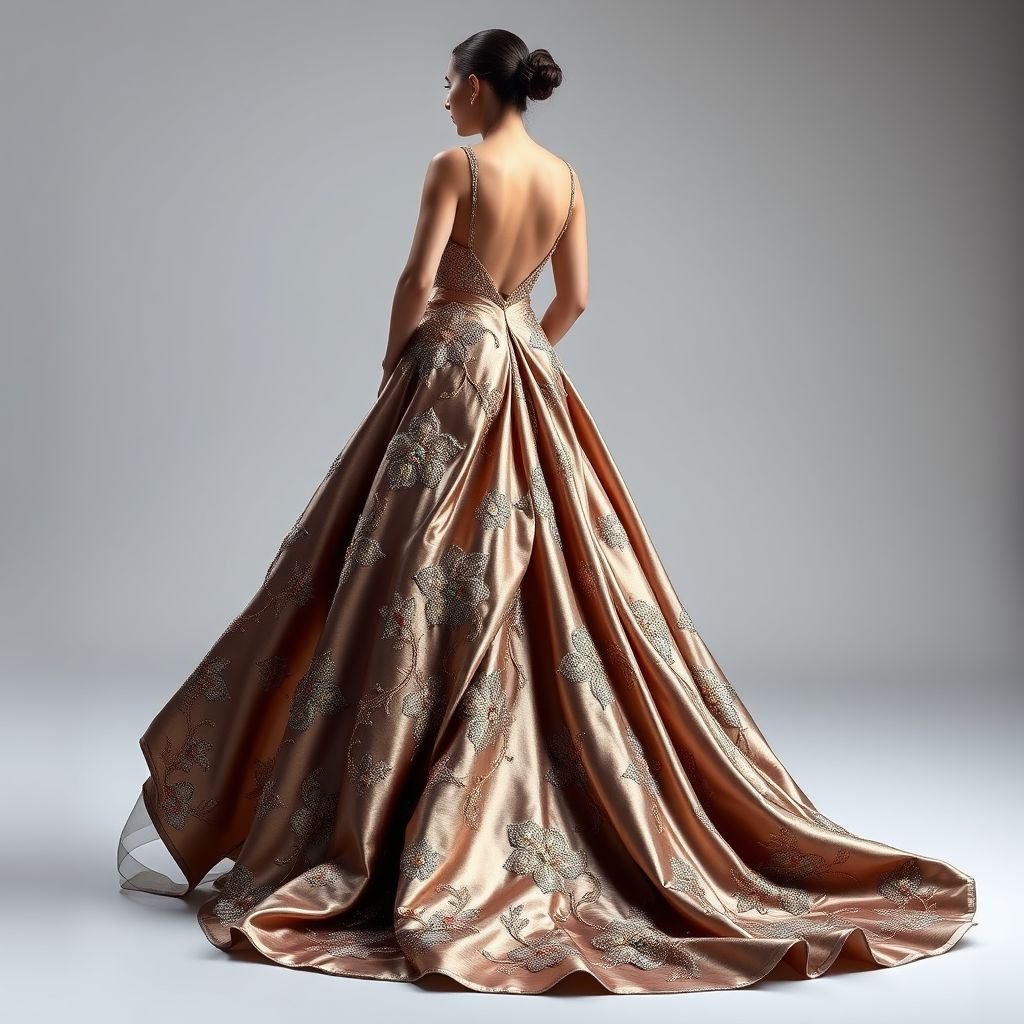 Robe de soirée
Envision an exquisite evening gown crafted from shimmering metallic silk with a deep-V neckline and cascading asymmetrical layers that flow elegantly to the floor. Adorned with intricate hand-embroidered floral motifs in iridescent threads, the gown features a dramatic train and a subtle open back, creating a mesmerizing silhouette that captures the essence of elegance.