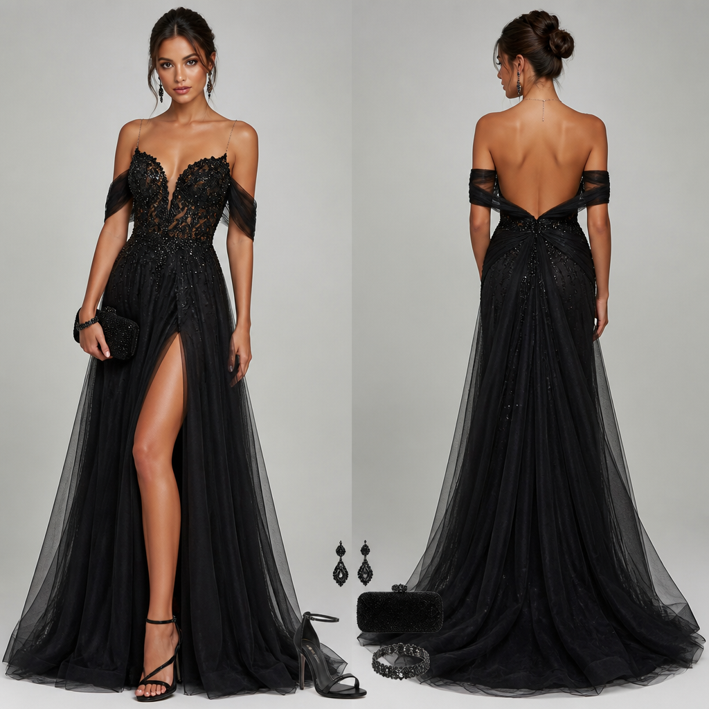 Black prom dress design with accessories
photorealistic fashion design, Black prom dress design with accessories, formal style, just the design no text, show front and back