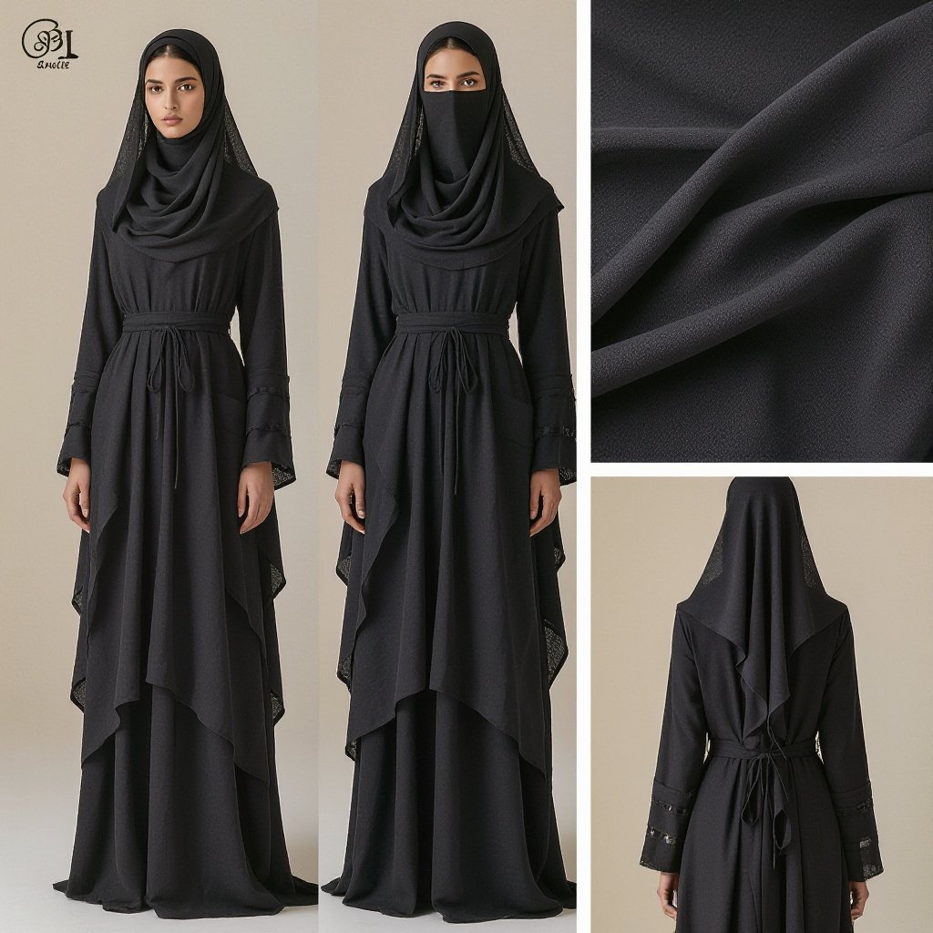 Design a dress that symbolizes the pain and suffering of a woman. With Islamic clothing(show the pain please)
Design an Islamic dress in somber colors from rough, draped fabric, featuring a modest cut, with sleeves and veil. The silhouette should evoke a sense of constraint and sorrow.
