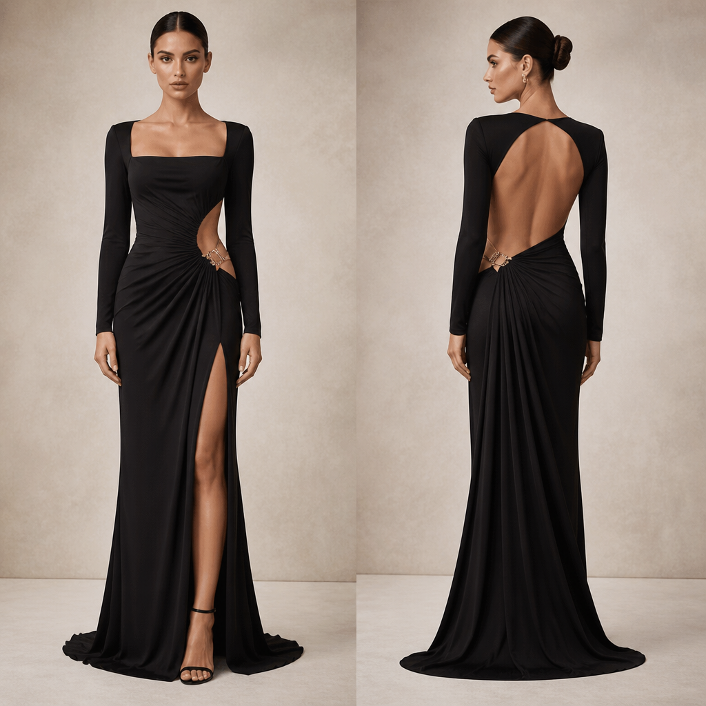 A Female Dress design, with a minimal-coverage cut, in Classic + Minimalist + Glamorous style. Elegant women's evening dress, full length, long sleeves, square neckline.. IR fashion aesthetics. Present it as professional fashion catalogue photography: the garment is the subject, shown full-length with editorial styling, neutral posing and tasteful, non-suggestive framing.
photorealistic fashion design, A Female Dress design, with a minimal-coverage cut, in Classic + Minimalist + Glamorous style. Elegant women's evening dress, full length, long sleeves, square neckline.. IR fashion aesthetics. Present it as professional fashion catalogue photography: the garment is the subject, shown full-length with editorial styling, neutral posing and tasteful, non-suggestive framing., classic style, just the design no text, show front and back