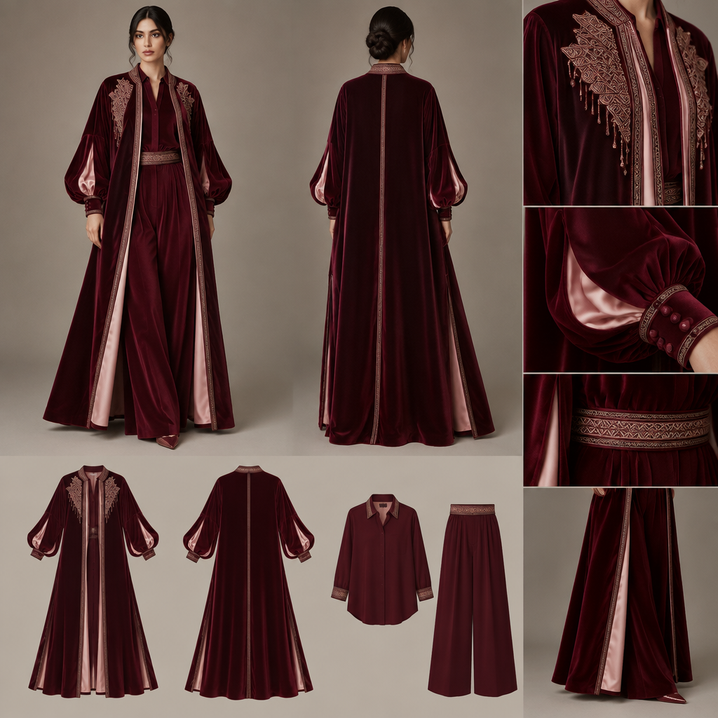 Je veux un kimono beldi moderne moi bordeau avec doublure rose Croquis kimono doublé en satin de soie rose bébé pastel manche bouffante avec poignée avec bouton en tissu même tissu velours détail en skalli petite bande qui va du col jusqu a la longueur et petite touche terz plus importante des deux côté de la poitrine rbati à la main sur la poitrine fente sur les côté longueur cheville avec à l intérieur un ensemble chemise et pantalon très large en bordeau zwak maalam au col manche et ceinture pantalon
photorealistic fashion design, Je veux un kimono beldi moderne moi bordeau avec doublure rose Croquis kimono doublé en satin de soie rose bébé pastel manche bouffante avec poignée avec bouton en tissu même tissu velours détail en skalli petite bande qui va du col jusqu a la longueur et petite touche terz plus importante des deux côté de la poitrine rbati à la main sur la poitrine fente sur les côté longueur cheville avec à l intérieur un ensemble chemise et pantalon très large en bordeau zwak maalam au col manche et ceinture pantalon , just the design no text, show front and back
