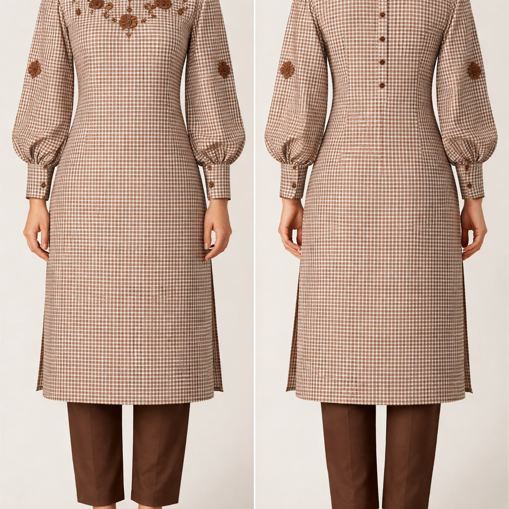 I want below knee length kurti coffee brown and white very small checks with coffee brown flower cloth patches and sticks with brown thread embroidery over sleeves and neckline. Pair with coffee brown straight pants.
Details :
Make sleeves puff
Small brown patches on sleeve on equal distance and on neckline also
Full sleeves with piping on end and button .
Back side opening with 5 buttons
I want below knee length kurti coffee brown and white very small checks with coffee brown flower cloth patches and sticks with brown thread embroidery over sleeves and neckline. Pair with coffee brown straight pants.
Details :
Make sleeves puff
Small brown patches on sleeve on equal distance and on neckline also
Full sleeves with piping on end and button .
Back side opening with 5 buttons, checkered style, show front and back