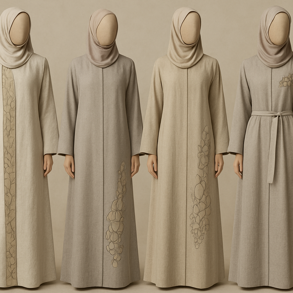 Create a modest two-piece linen abaya, the first of its kind, featuring a unique stone design that exudes a classy and sophisticated vibe. I’d like four designs, each showcasing different styles and fabrics. Incorporate high-end, unique chic stone designs to make them truly special. Add little sophisticated stone designs.
Create a modest two-piece linen abaya, the first of its kind, featuring a unique stone design that exudes a classy and sophisticated vibe. I’d like four designs, each showcasing different styles and fabrics. Incorporate high-end, unique chic stone designs to make them truly special. Add little sophisticated stone designs.