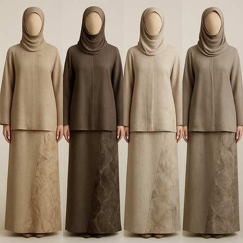 Create a modest two-piece linen abaya, the first of its kind, featuring a unique stone design that exudes a classy and sophisticated vibe. I’d like four designs, each showcasing different styles and fabrics. Incorporate high-end, unique chic stone designs to make them truly special. Add little sophisticated stone designs.