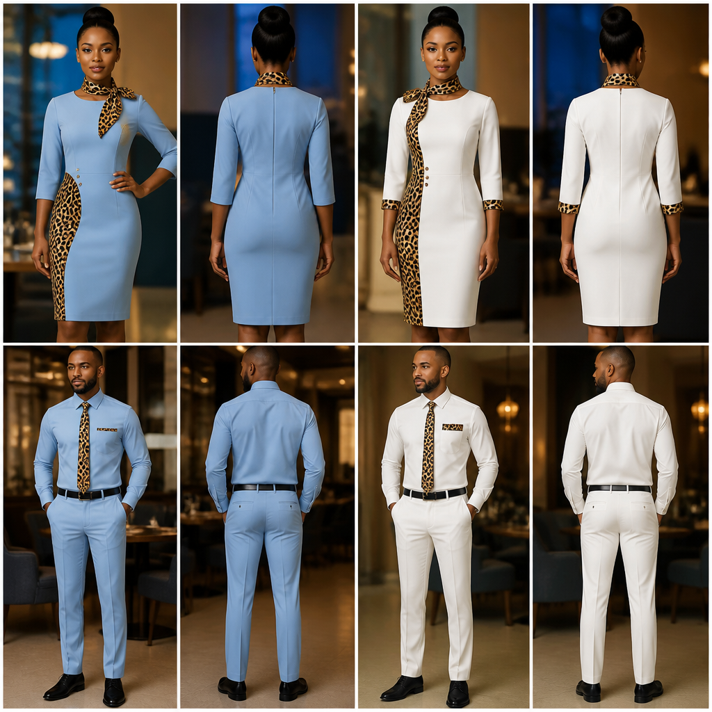 designs de Robe hôtesse pour restaurant différents , robe droite jusqu’au genoux pour femme , col rond , petite écharpe motif panthère noire et marron et designs pantalon chemise pour homme , designs de couleur bleue ciel et l’autre en couleur blanc avec des designs sur la robe en motifs tissu panthère tissu africain ekang Cameroun , très fashion chic , et élégante , plus stylé et original
photorealistic fashion design, designs de Robe hôtesse pour restaurant différents , robe droite jusqu’au genoux pour femme , col rond , petite écharpe motif panthère noire et marron et designs pantalon chemise pour homme , designs de couleur bleue ciel et l’autre en couleur blanc avec des designs sur la robe en motifs tissu panthère tissu africain ekang Cameroun , très fashion chic , et élégante , plus stylé et original , office style, just the design no text, show front and back
