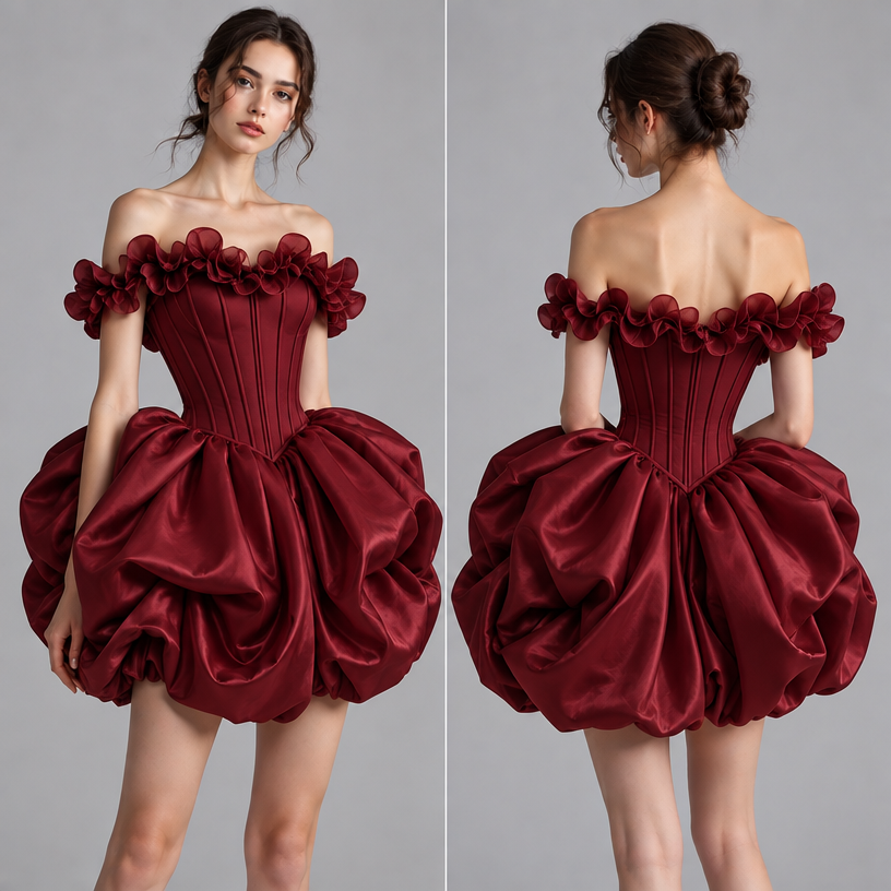 Buatlah detail dress nya Bust / neckline volume: bagian atas menggunakan ruffled sculptural neckline yang dibuat seperti gelombang/kelopak. Volume tidak terlalu melebar keluar, tetapi naik-turun secara organik di sepanjang neckline.
* Corset volume: bodice memiliki struktur corset boning yang sangat tegas. Panel-panel vertikal membentuk garis dari bust menuju waist sehingga menghasilkan efek cinched waist.
* Waist: bagian pinggang dibuat sangat ramping dan fitted, menjadi titik kontras utama dengan volume di atas dan bawah.
* Hip volume: ini adalah focal point terbesar. Sisi kanan-kiri pinggul dibuat exaggerated hip projection, menyerupai hip pannier / sculpted hip. Volume keluar dari waist secara dramatis lalu kembali mengikuti bentuk mini skirt.
* Silhouette: secara keseluruhan menghasilkan bentuk hourglass + exaggerated hips, dengan proporsi pinggang kecil dan pinggul yang lebar.
* Material: terlihat seperti satin/taffeta dengan sedikit sheen, sehingga struktur volume terlihat jelas karena pantulan cahaya.
* Construction: kemungkinan membutuhkan corset foundation + boning + internal padding/horsehair/interfacing pada area hip agar volume tetap berdiri dan tidak jatuh.
* Length: mini dress, sehingga volume hip menjadi lebih striking karena kaki tetap terlihat dan fokus visual berada pada torso.
edit the attached fashion design with these instructions: Buatlah detail dress nya Bust / neckline volume: bagian atas menggunakan ruffled sculptural neckline yang dibuat seperti gelombang/kelopak. Volume tidak terlalu melebar keluar, tetapi naik-turun secara organik di sepanjang neckline.
* Corset volume: bodice memiliki struktur corset boning yang sangat tegas. Panel-panel vertikal membentuk garis dari bust menuju waist sehingga menghasilkan efek cinched waist.
* Waist: bagian pinggang dibuat sangat ramping dan fitted, menjadi titik kontras utama dengan volume di atas dan bawah.
* Hip volume: ini adalah focal point terbesar. Sisi kanan-kiri pinggul dibuat exaggerated hip projection, menyerupai hip pannier / sculpted hip. Volume keluar dari waist secara dramatis lalu kembali mengikuti bentuk mini skirt.
* Silhouette: secara keseluruhan menghasilkan bentuk hourglass + exaggerated hips, dengan proporsi pinggang kecil dan pinggul yang lebar.
* Material: terlihat seperti satin/taffeta dengan sedikit sheen, sehingga struktur volume terlihat jelas karena pantulan cahaya.
* Construction: kemungkinan membutuhkan corset foundation + boning + internal padding/horsehair/interfacing pada area hip agar volume tetap berdiri dan tidak jatuh.
* Length: mini dress, sehingga volume hip menjadi lebih striking karena kaki tetap terlihat dan fokus visual berada pada torso.. keep it photorealistic, just the design no text