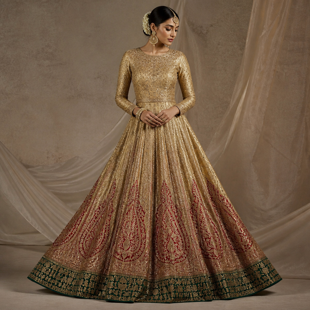 A Female Dress design, suitable for Summer. Dark golden tissue bridal lehenga with heavy flare and red raw silk thick paisley patches from bottom upto knee and bottle green 2 inch brocade border at the bottom. Design with modest coverage.
photorealistic fashion design, A Female Dress design, suitable for Summer. Dark golden tissue bridal lehenga with heavy flare and red raw silk thick paisley patches from bottom upto knee and bottle green 2 inch brocade border at the bottom. Design with modest coverage., just the design no text