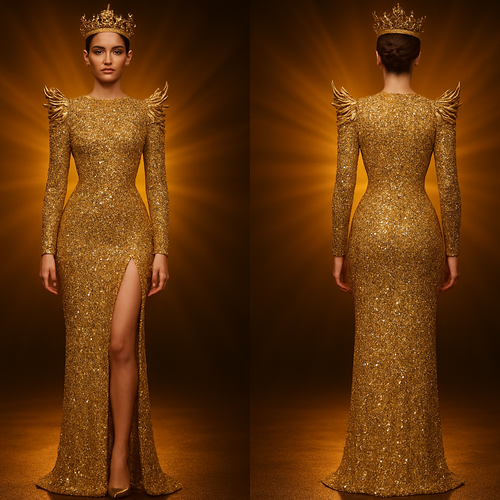 Design a full-length golden gown completely covered in shimmering gold gemstones and a few light purple crystals. The gown must be skin-tight from the shoulders down to the floor with no flare at the bottom — like a second skin. Keep a high slit starting from the waist on one side. Add short sculpted golden flame-like wings on the shoulders and a royal gold crown. The look should radiate elegance, fire, and power under intense golden stage lights.”