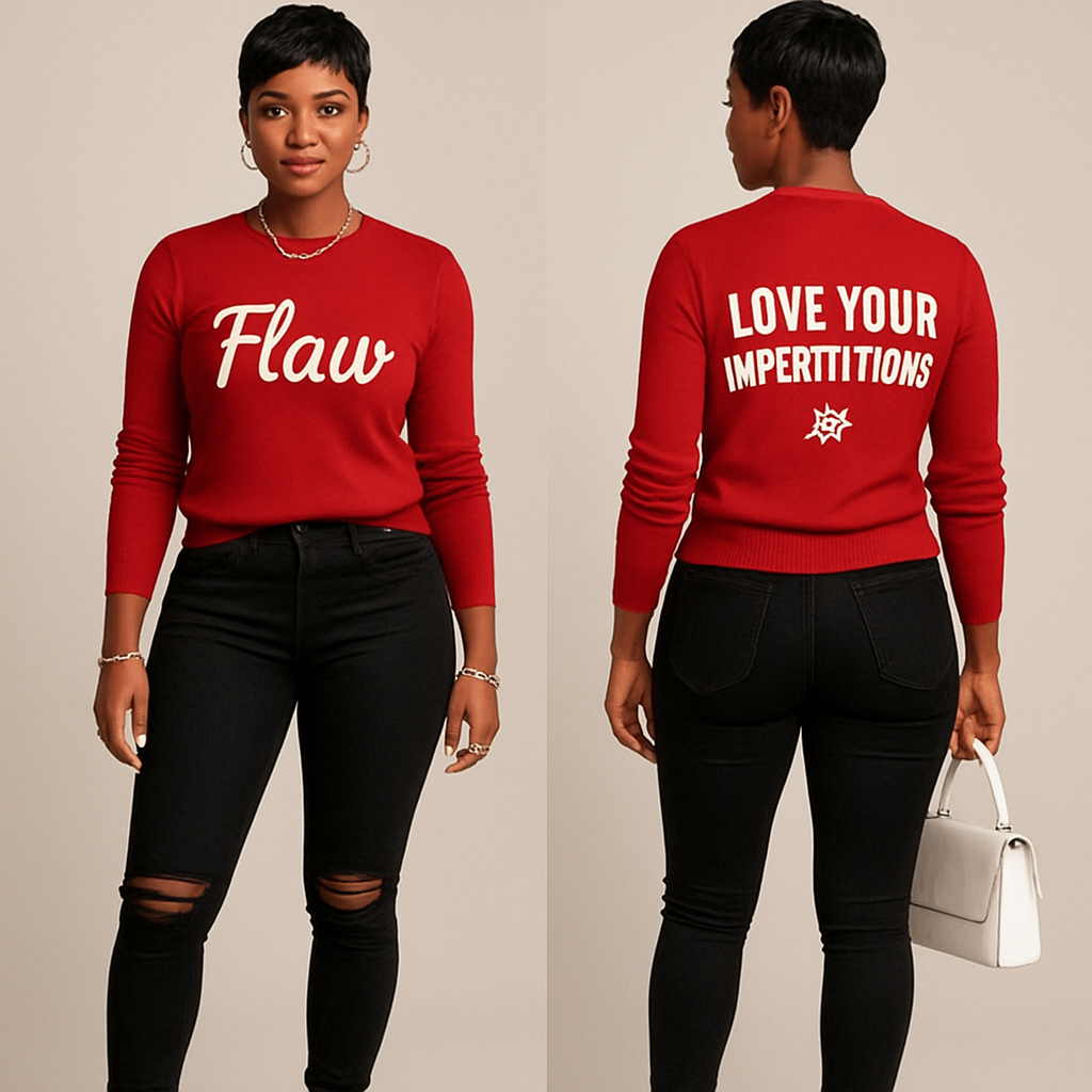 Black woman 
Pixie cut 
Red Long sleeve sweater shirt on the front it says Flaw in white in cursive and on the back it says in white Love Your Imperfections 🌹
Tight black ripped jeans 
White boot heels 
Gold jewelry 
White purse 


Black woman 
Pixie cut 
Red Long sleeve sweater shirt on the front it says Flaw in white in cursive and on the back it says in white Love Your Imperfections 🌹
Tight black ripped jeans 
White boot heels 
Gold jewelry 
White purse 
, show front and back