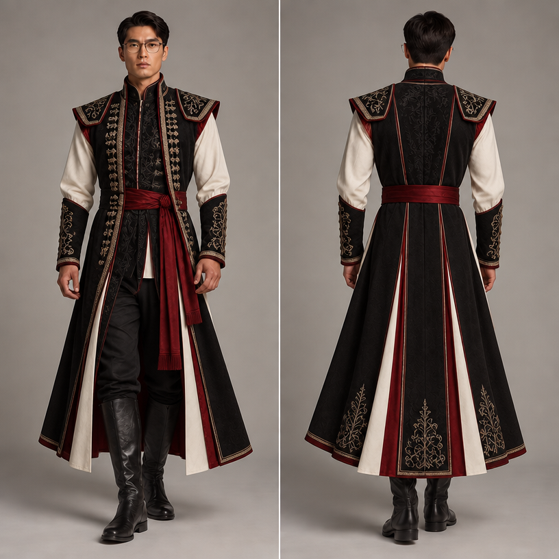 Now, lets change the inspiration and we’ll get it from the traditional dress of spain. And make black as the dominant color, white as minor with a touch of blood red color
edit the attached fashion design with these instructions: Now, lets change the inspiration and we’ll get it from the traditional dress of spain. And make black as the dominant color, white as minor with a touch of blood red color. keep it photorealistic, just the design no text