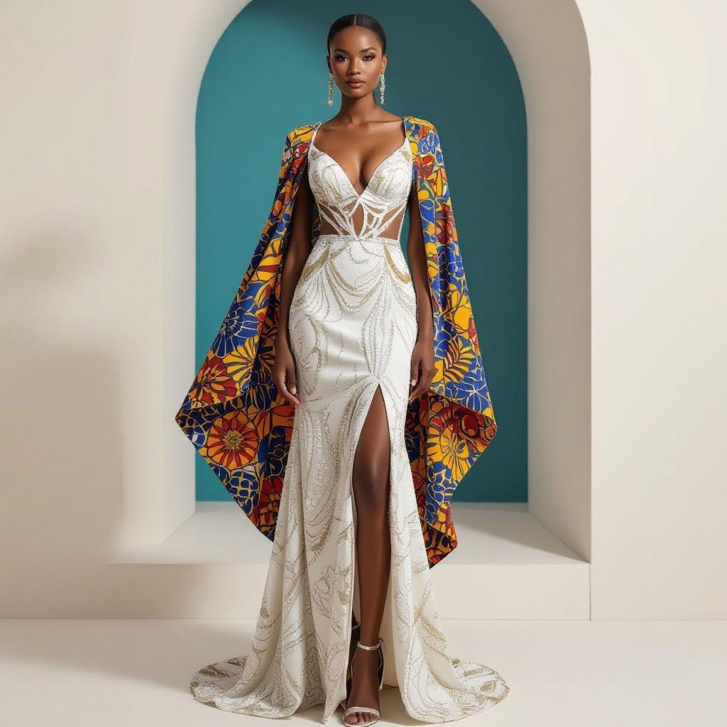 A straight gown made with beaded fabric and some side drapes by the waist to hip with fabric dangling a hip length cape made with beaded fabric at the back hanging on both shoulders looking crappy
African fashion: A straight gown of beaded fabric with side drapes from waist to hip. A hip-length cape of beaded fabric drapes from shoulders, with Ankara print lining.