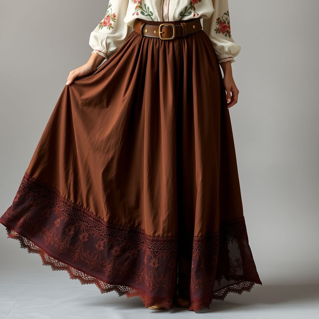 Long skirt with belt brown
Design a flowing, high-waisted long skirt in rich chocolate brown with intricate lace detailing along the hem. The skirt is cinched at the waist with a wide, artisanal leather belt featuring brass accents. Pair it with a lightweight, cream-colored blouse adorned with delicate floral embroidery for a bohemian, earthy elegance.