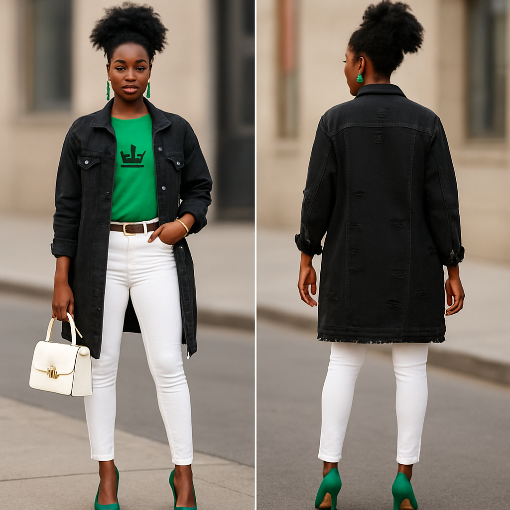 Black woman
Green shirt with 👑on it in black
Long black ripped jean jacket
Tight white pants gold belt
Gold bracelet
Green earrings
Green heels white purse
Black woman
Green shirt with 👑on it in black
Long black ripped jean jacket
Tight white pants gold belt
Gold bracelet
Green earrings
Green heels white purse
, streetwear style, show front and back