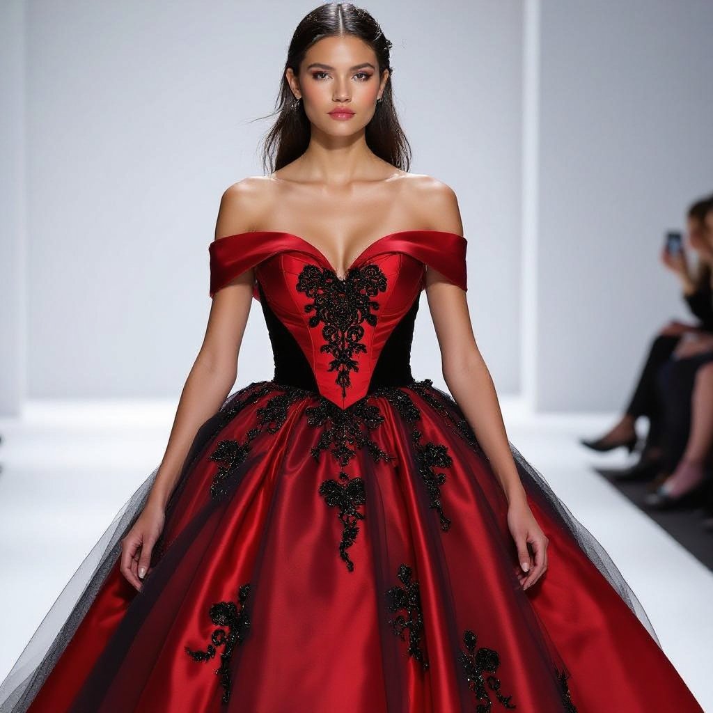 Like red dress with black hearts and a skirt with black skeletons on it
Red satin dress with black heart embroidery, empire waist, and gathered black tulle skirt with skeletal appliques.
