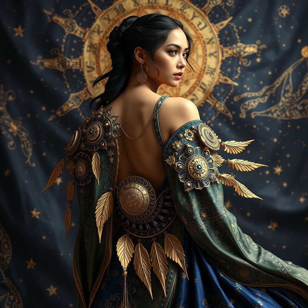 A fabric design inspired by the story of the goddess Ishtar, incorporating a combination of fabric and papier-mâché, and drawing inspiration from the image of the goddess Ishtar and the mythological tale of the underworlds.
A luxurious silk blend adorned with celestial motifs, deep indigos and shimmering golds. Intricate papier-mâché embellishments, resembling ancient artifacts, cascade from flowing sleeves. Bold, asymmetrical cuts evoke an ethereal silhouette. Rich textures embody the duality of the underworld and divine realms, merging opulence with mystique, reflecting Ishtar's powerful grace and allure.