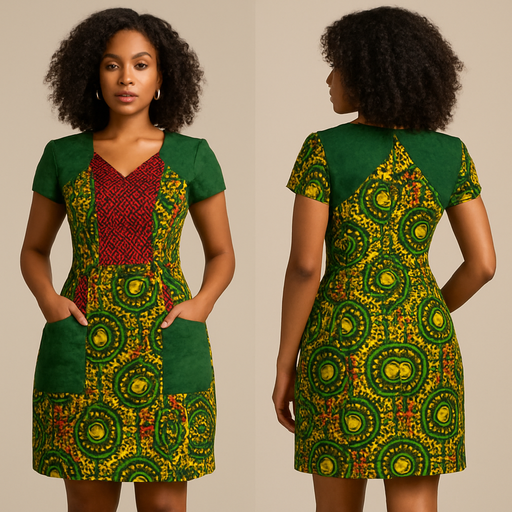 Green a yellow African print dress combined with a green suede fabric, a red mesh fabric and another green and yellow African print fabric. The dress should have pockets should be trendy and eye catching and can be worn by women in the 30s
Green a yellow African print dress combined with a green suede fabric, a red mesh fabric and another green and yellow African print fabric. The dress should have pockets should be trendy and eye catching and can be worn by women in the 30s , glamorous style, show front and back