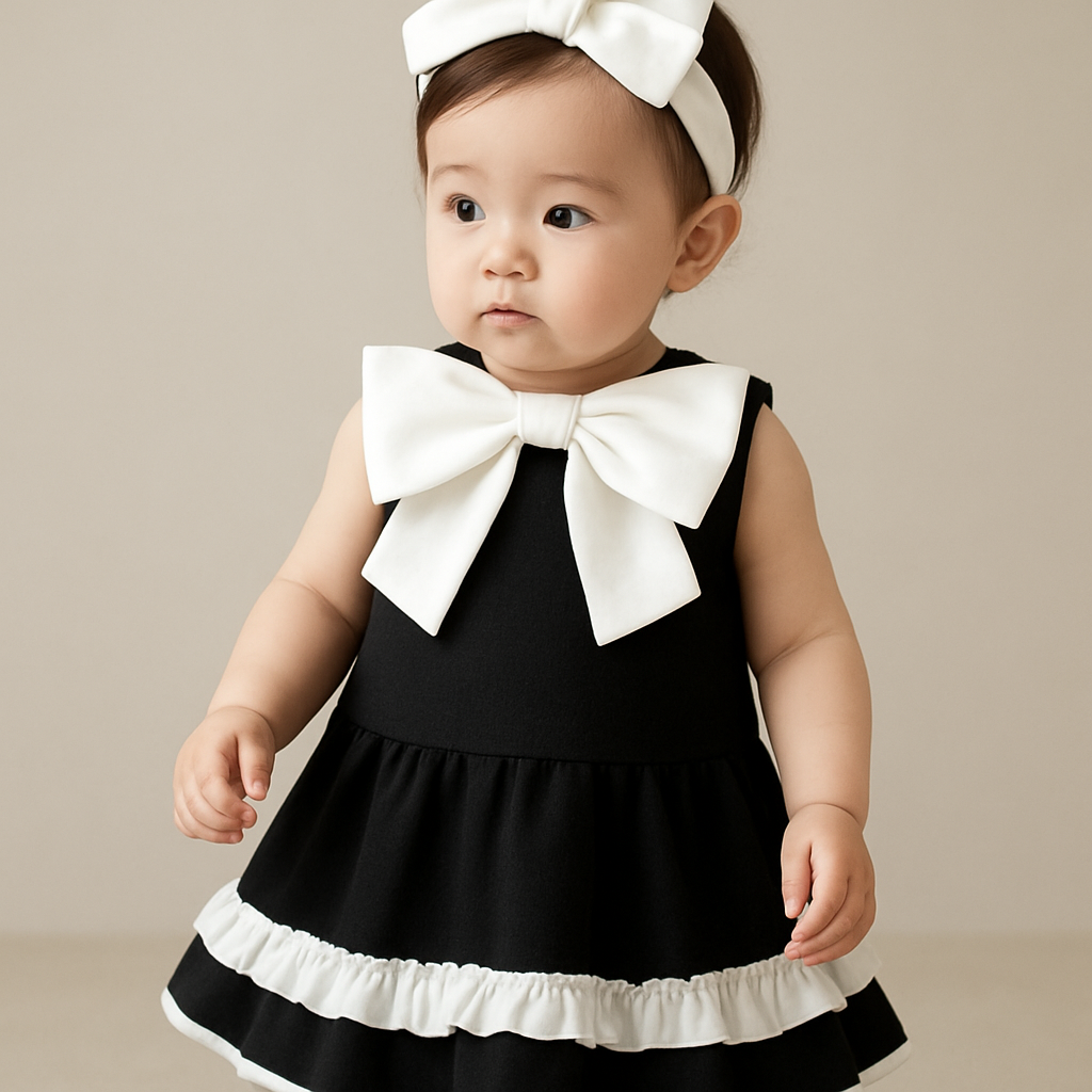 一歳の女の子着用画
ジャケット生地の黒のノンスリーブワンピース、丈は膝上
肩の部分、襟の部分が隠れるように白の大きなリボン
スカートの裾に、白でリボンと同じ素材で、真ん中ギャザーのフリルを2周
段々にはしない
頭には白のカチューシャ
カチューシャにはちょっとした黒い装飾
一歳の女の子着用画
ジャケット生地の黒のノンスリーブワンピース、丈は膝上
肩の部分、襟の部分が隠れるように白の大きなリボン
スカートの裾に、白でリボンと同じ素材で、真ん中ギャザーのフリルを2周
段々にはしない
頭には白のカチューシャ
カチューシャにはちょっとした黒い装飾