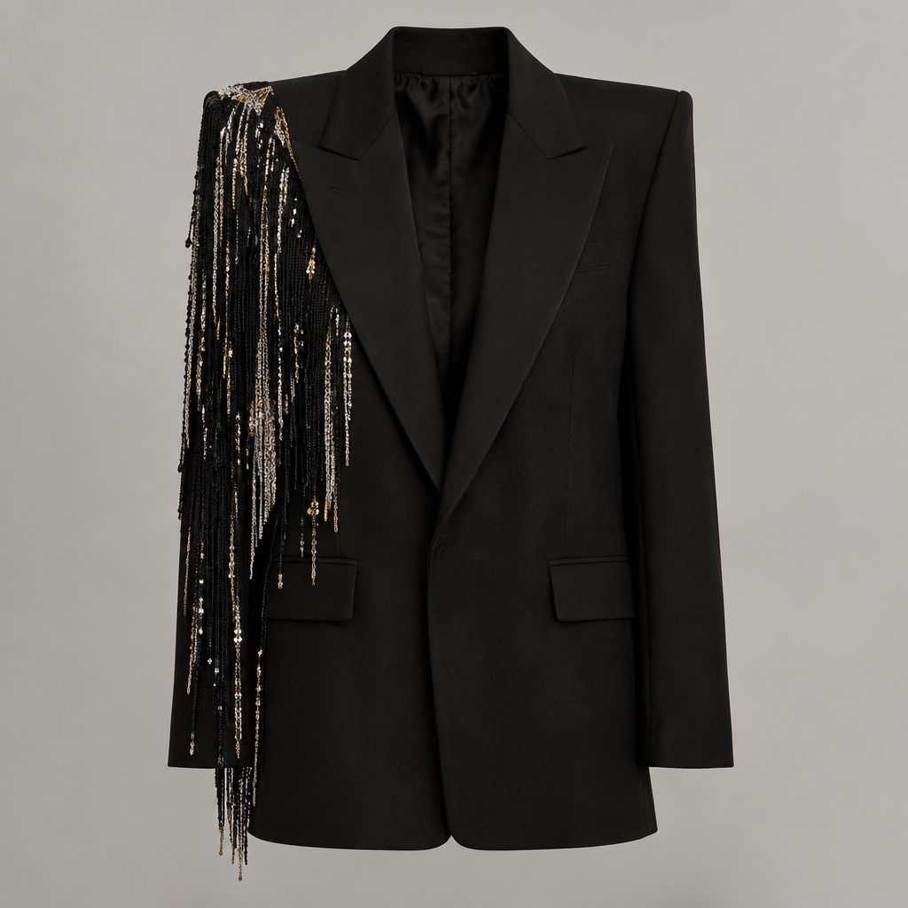 un blazer avec des épaulettes qui font bien droite au niveau du cou, de couleur noir, avec un pompom en forme de frange sur le côté droit du blazer avec certain détail irisé argenté. Il ne faut pas qu’il soit ceintré au niveau de la taille mais droit. Fait moi un tout petit peu de détails doré sur la frange
photorealistic fashion design, un blazer avec des épaulettes qui font bien droite au niveau du cou, de couleur noir, avec un pompom en forme de frange sur le côté droit du blazer avec certain détail irisé argenté. Il ne faut pas qu’il soit ceintré au niveau de la taille mais droit. Fait moi un tout petit peu de détails doré sur la frange , just the design no text