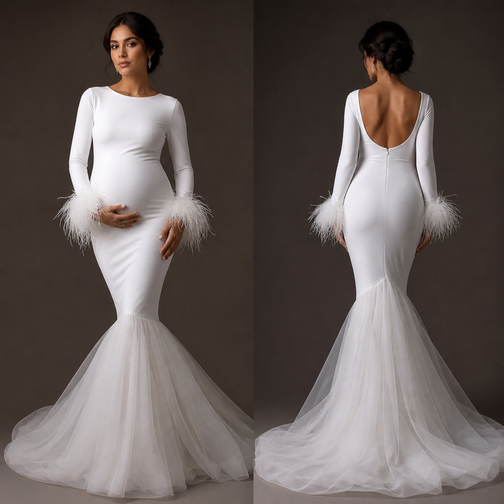 A white fitted long flowing gown on a pregnant woman, long sleeve with feathers on the hem of the sleeve, the hem of the gown lenght should have a gathered net.
photorealistic fashion design, A white fitted long flowing gown on a pregnant woman, long sleeve with feathers on the hem of the sleeve, the hem of the gown lenght should have a gathered net. , just the design no text, show front and back
