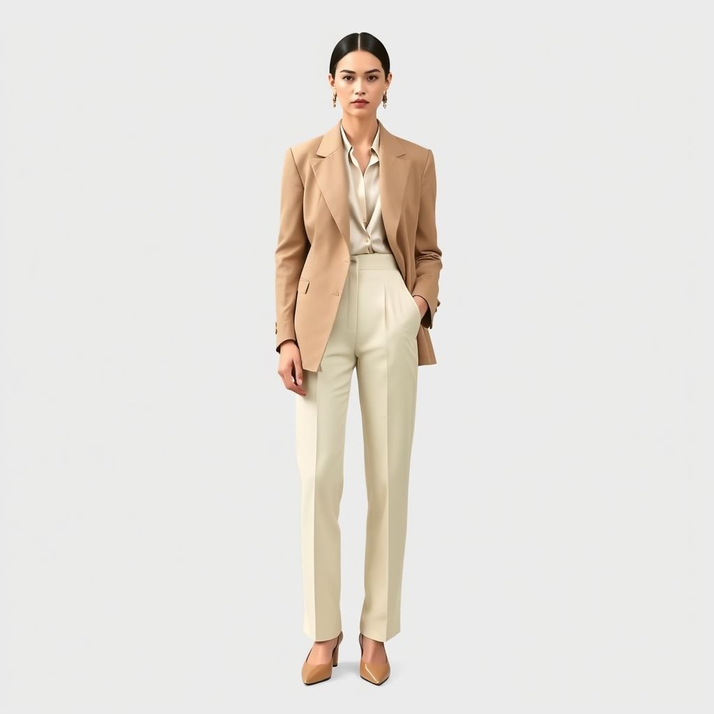 Classic
Design a classic minimalist outfit featuring a structured, double-breasted blazer in a soft beige, paired with a tailored, ivory silk shirt. The ensemble is completed with high-waisted, straight-leg trousers in cream and sleek, pointed-toe mules. Incorporate subtle details like hidden pockets and clean lines for refined elegance.