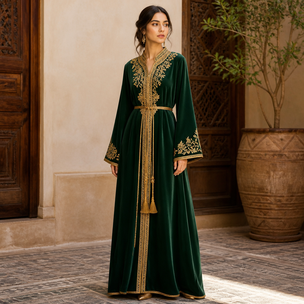 A Female Dress design, suitable for Fall. Consider Moroccan fashion — caftan, djellaba, intricate embroidery, jewel-toned fabrics. Current season is Autumn in Morocco. Present it as professional fashion catalogue photography: the garment is the subject, shown full-length with editorial styling, neutral posing and tasteful, non-suggestive framing.
photorealistic fashion design, A Female Dress design, suitable for Fall. Consider Moroccan fashion — caftan, djellaba, intricate embroidery, jewel-toned fabrics. Current season is Autumn in Morocco. Present it as professional fashion catalogue photography: the garment is the subject, shown full-length with editorial styling, neutral posing and tasteful, non-suggestive framing., just the design no text