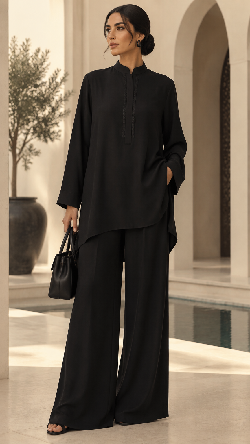 A sophisticated black wide-leg trouser and matching tunic set for a modern modest woman living in the UAE. Elegant, fluid and effortless silhouette with a subtle Moroccan influence. The tunic features a refined Mandarin collar with a very thin tone-on-tone Moroccan sfifa trim, kept minimal and understated. Mid-weight crepe fabric with beautiful drape and enough structure to maintain a polished silhouette. Long, relaxed wide-leg trousers with a fluid fall. Long-sleeved tunic, slightly oversized but flattering, with clean and contemporary lines. Breathable and comfortable enough for the UAE climate while still looking luxurious and elevated. Minimalist design, no heavy embroidery, no sequins, no excessive embellishment. Quiet luxury aesthetic, sophisticated, timeless and suitable for both heels and elegant flat sandals. Black-on-black monochromatic look.
A sophisticated black wide-leg trouser and matching tunic set for a modern modest woman living in the UAE. Elegant, fluid and effortless silhouette with a subtle Moroccan influence. The tunic features a refined Mandarin collar with a very thin tone-on-tone Moroccan sfifa trim, kept minimal and understated. Mid-weight crepe fabric with beautiful drape and enough structure to maintain a polished silhouette. Long, relaxed wide-leg trousers with a fluid fall. Long-sleeved tunic, slightly oversized but flattering, with clean and contemporary lines. Breathable and comfortable enough for the UAE climate while still looking luxurious and elevated. Minimalist design, no heavy embroidery, no sequins, no excessive embellishment. Quiet luxury aesthetic, sophisticated, timeless and suitable for both heels and elegant flat sandals. Black-on-black monochromatic look., haute couture style