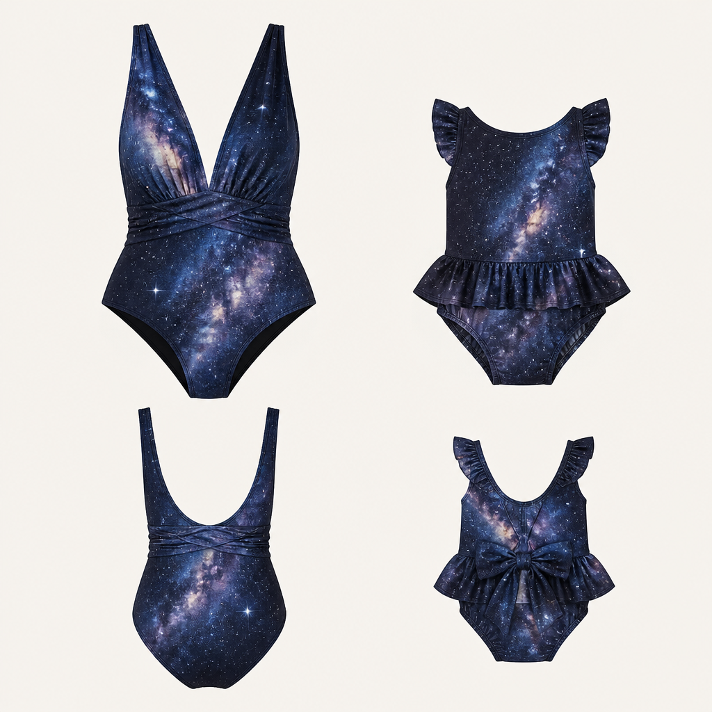 A Female Swimwear design, made of Silk, for Casual, suitable for Summer, in Quiet Luxury + Beach style. make a galaxy themes swimsuit for an adult and for a 10 month old baby, let them both have little white stars and milkyway/space colour scheme
photorealistic fashion design, A Female Swimwear design, made of Silk, for Casual, suitable for Summer, in Quiet Luxury + Beach style. make a galaxy themes swimsuit for an adult and for a 10 month old baby, let them both have little white stars and milkyway/space colour scheme, quiet_luxury style, just the design no text, show front and back