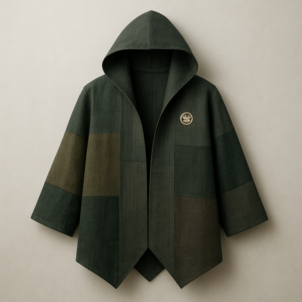 A modern Japanese fusion haori-hoodie with a clean pointed front cut, attached minimalist hood, slightly oversized fit, and premium natural fabrics like hemp, linen, or cotton-linen blend. Use subtle patchwork in tonal earthy colors (deep greens, sage, forest, olive, charcoal). Keep the design elegant, minimal and high-end — no bright colors, no loud patterns. Add one small traditional Japanese crest (kamon) on the upper chest. The overall aesthetic should feel authentic, natural, artisan-made, and wearable at summer festivals or in modern streetwear. Sharp silhouette, clean lines, subtle texture, and sophisticated color harmony.
Make a nicer pointy cut in the bottom
A modern Japanese fusion haori-hoodie with a clean pointed front cut, attached minimalist hood, slightly oversized fit, and premium natural fabrics like hemp, linen, or cotton-linen blend. Use subtle patchwork in tonal earthy colors (deep greens, sage, forest, olive, charcoal). Keep the design elegant, minimal and high-end — no bright colors, no loud patterns. Add one small traditional Japanese crest (kamon) on the upper chest. The overall aesthetic should feel authentic, natural, artisan-made, and wearable at summer festivals or in modern streetwear. Sharp silhouette, clean lines, subtle texture, and sophisticated color harmony.
Make a nicer pointy cut in the bottom, japanese_street style