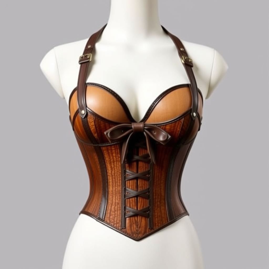 Make a standard classic acoustic guitar shaped corset where the guitar neck splits into 2 to make straps for a halter top and have that tie in the back. Make the guitar dark brown.
Design a stunning halter top corset inspired by a classic acoustic guitar, crafted in rich dark brown leather. The structured corset mimics the guitar’s curves, featuring intricate wood grain detailing. The neck elegantly splits into two adjustable straps that merge at a stylish bow, blending musical elegance with bold fashion statement.
