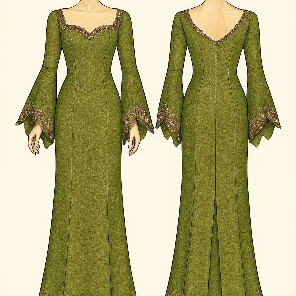 “A straight corset long gown with a scalloped neckline and long flared sleeves featuring pointed (or scalloped) edges.”
On the body create a 3D design using asooke of a lighter shade of olive green and
Pink along side with beadings,the main dress is olive green asooke and the neckline is queen Annie,the back neckline is scalloped v neck and the slit is also scalloped
“A straight corset long gown with a scalloped neckline and long flared sleeves featuring pointed (or scalloped) edges.”
On the body create a 3D design using asooke of a lighter shade of olive green and
Pink along side with beadings,the main dress is olive green asooke and the neckline is queen Annie,the back neckline is scalloped v neck and the slit is also scalloped , traditional style, show front and back