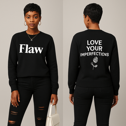 Black woman 
Pixie cut 
Black Long sleeve sweater shirt on the front it says Flaw in white and on the back it says in white Love Your Imperfections 🌹
Tight black ripped jeans 
White boot heels 
Good jewelry 
White purse 
