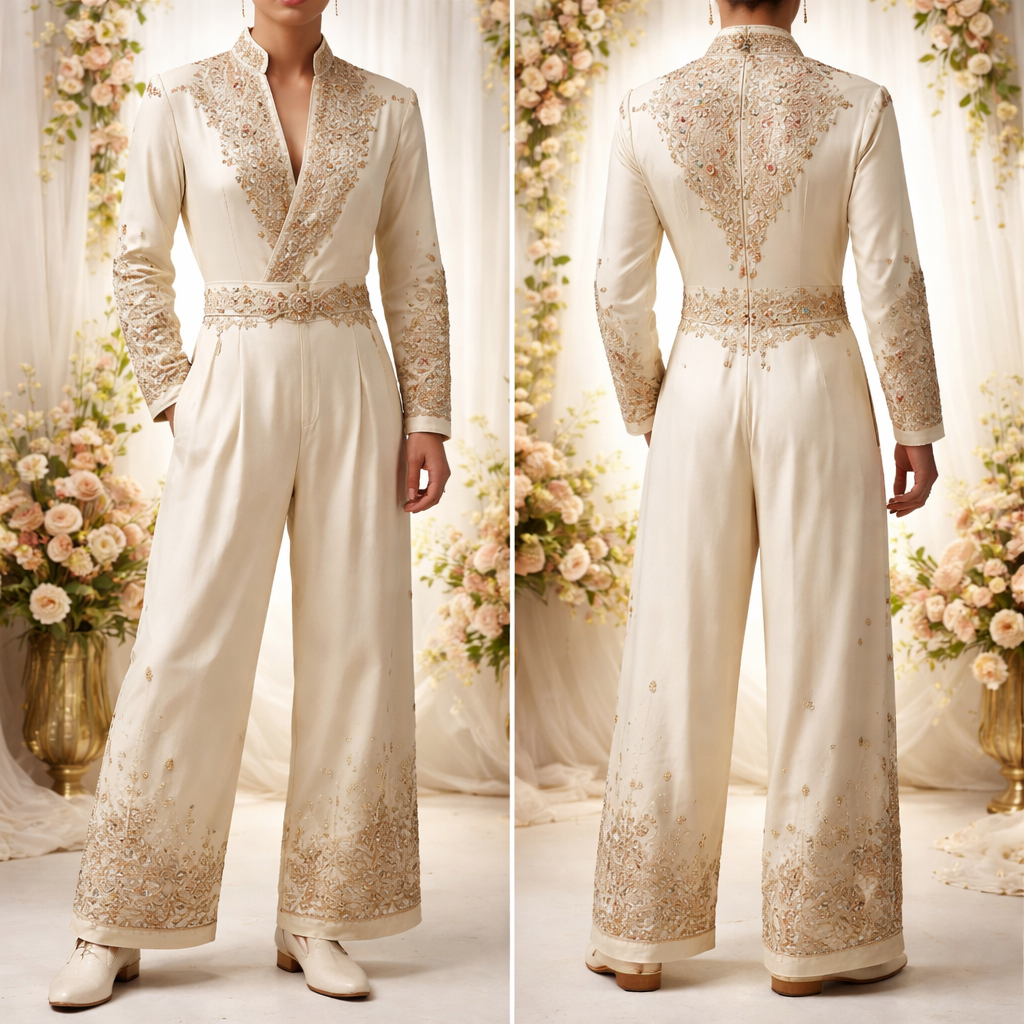 A Unisex Jumpsuit design, made of Silk, for Wedding, suitable for Spring, in Indian style
A Unisex Jumpsuit design, made of Silk, for Wedding, suitable for Spring, in Indian style, indian style, show front and back