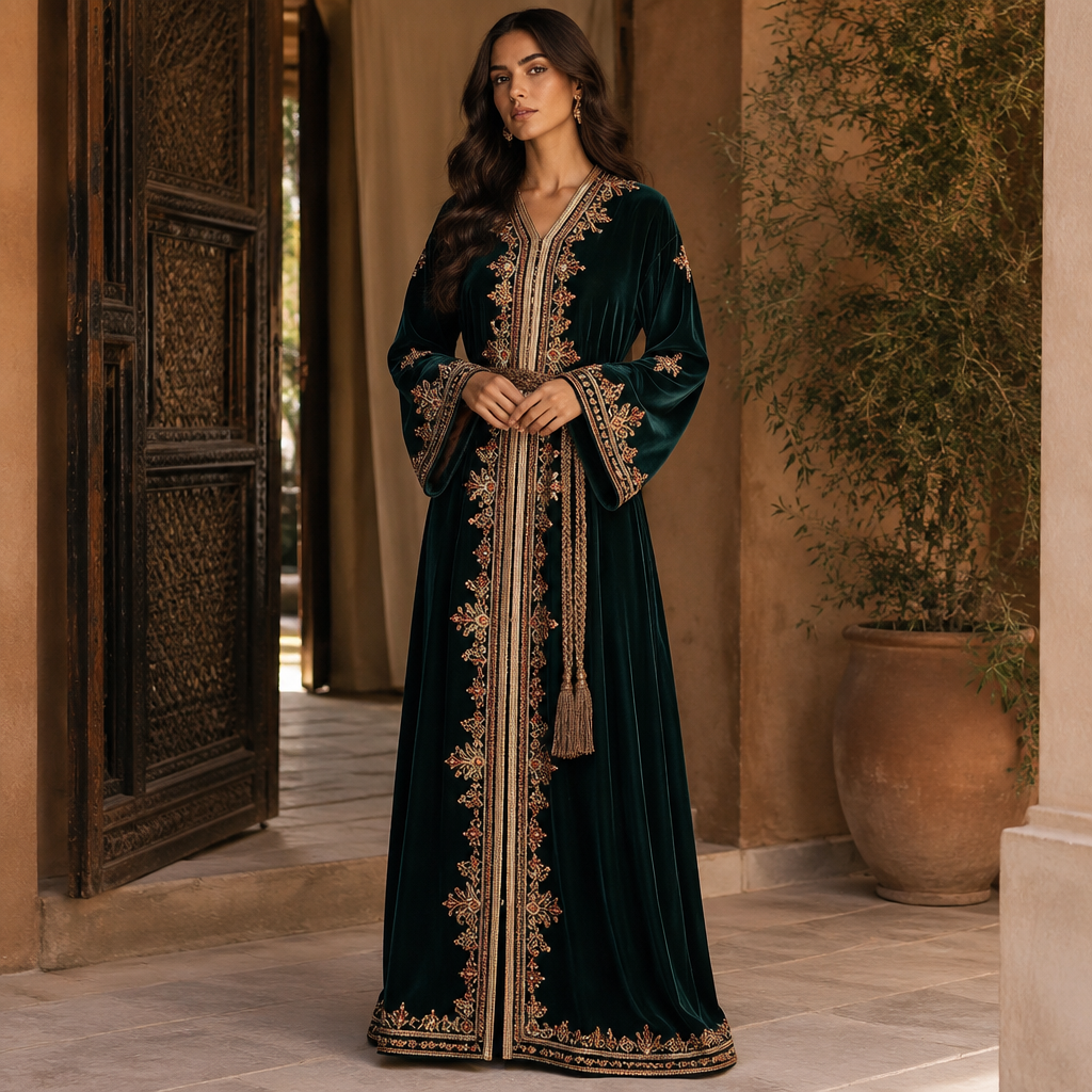 A Female Dress design, suitable for Fall. Consider Moroccan fashion — caftan, djellaba, intricate embroidery, jewel-toned fabrics. Current season is Autumn in Morocco. Present it as professional fashion catalogue photography: the garment is the subject, shown full-length with editorial styling, neutral posing and tasteful, non-suggestive framing.
photorealistic fashion design, A Female Dress design, suitable for Fall. Consider Moroccan fashion — caftan, djellaba, intricate embroidery, jewel-toned fabrics. Current season is Autumn in Morocco. Present it as professional fashion catalogue photography: the garment is the subject, shown full-length with editorial styling, neutral posing and tasteful, non-suggestive framing., just the design no text