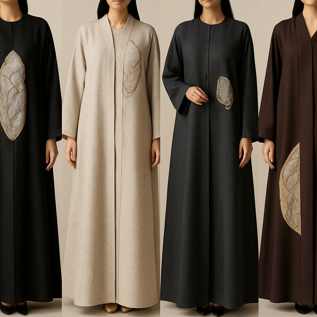 Create a modest abaya that's the first of its kind, featuring a unique stone design that exudes a classy and sophisticated vibe. I'd like four designs, each showcasing different styles and fabrics.
Incorporate high-end, unique chic stone designs to make them truly special. Add little sophisticated stone design.

Create a modest abaya that's the first of its kind, featuring a unique stone design that exudes a classy and sophisticated vibe. I'd like four designs, each showcasing different styles and fabrics.
Incorporate high-end, unique chic stone designs to make them truly special. Add little sophisticated stone design.