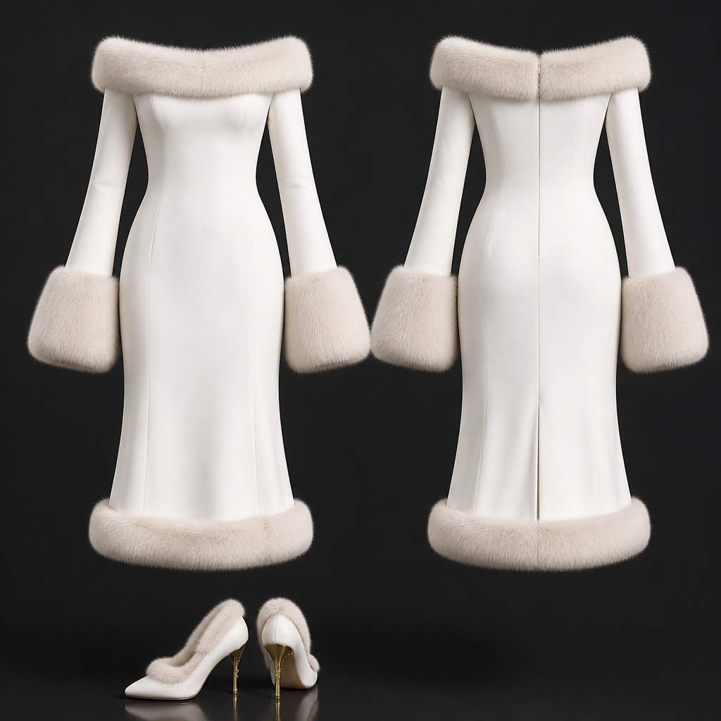 Off the shoulder mid length dress mink fur trim and fur trim at the bottom , long bell sleeve in white with fur pumps shoes with gold heel No model just the outfit
photorealistic fashion design, Off the shoulder mid length dress mink fur trim and fur trim at the bottom , long bell sleeve in white with fur pumps shoes with gold heel No model just the outfit , formal style, just the design no text, show front and back