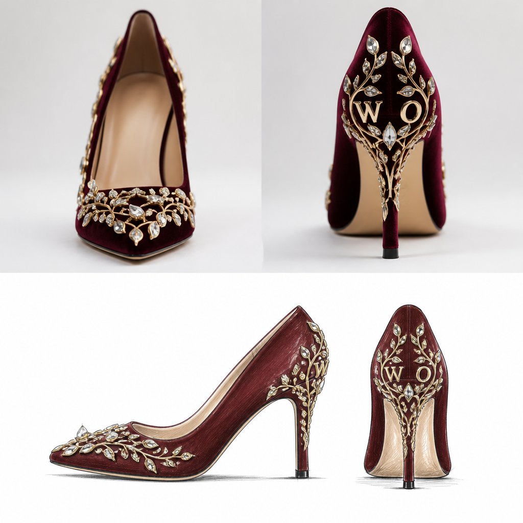 No model , add a drawing also a burgundy velvet pump with a gold vine with rhinestone mixed and two snall
Letters of a W and a O on the heels
photorealistic fashion design, No model , add a drawing also a burgundy velvet pump with a gold vine with rhinestone mixed and two snall
Letters of a W and a O on the heels , haute_couture style, just the design no text, show front and back